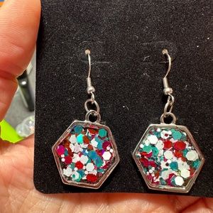 Hexagon, teal, white, and red earrings